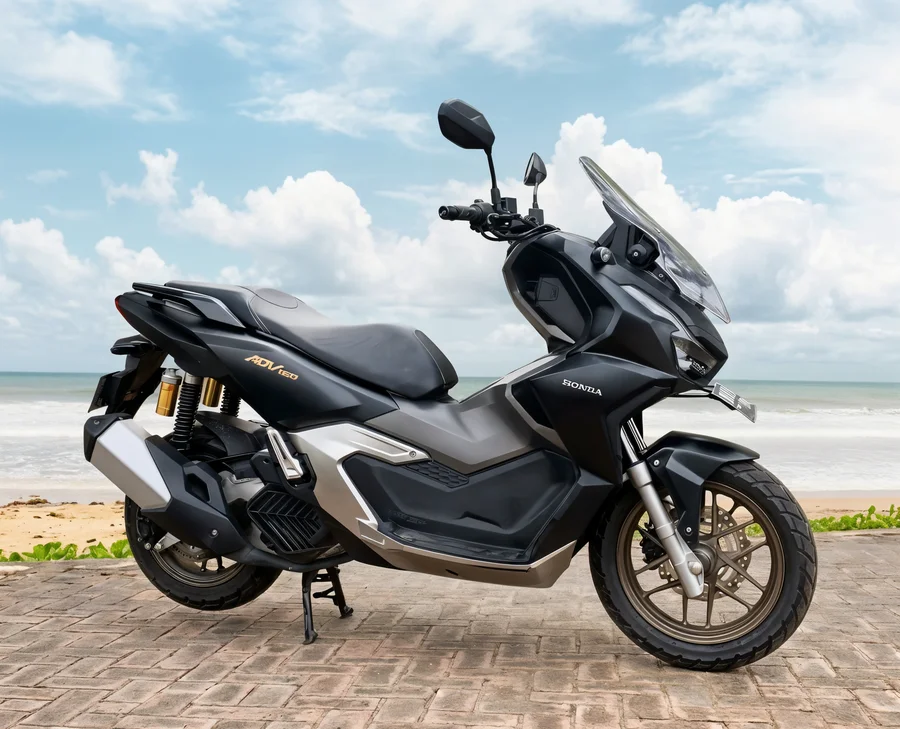 Automatyczna hulajnoga motocyklowa Honda ADV160 w stylu przygodowym z wysoką przednią szybą motocykla, podwyższoną sylwetką i szerokim stopniowanym siedzeniem